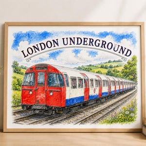 May include: Watercolor print of a London Underground train, framed in a light wood. The train is red, white, and blue, with the words "London Underground" arched above. The background features a blue sky with clouds and green hills.