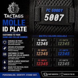 May include: Black MOLLE ID plates with customisable text and numbers. The image shows several colour options, including black, green, brown, blue, and red. The plates are designed for tactical gear and are water and sweat-resistant.