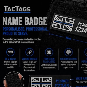 Personalised Thin Blue Line Name Badge 95x40mm – Custom Police ID Patch (Velcro Backed)