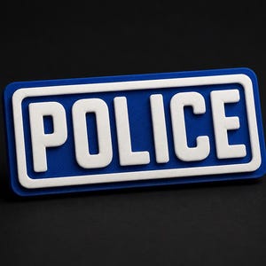 以下が含まれることがあります： 太く盛り上がった白い大文字でPOLICEと書かれた長方形のパッチ。文字は深い青色の背景に配置され、厚い白い枠で囲まれており、コントラストの効いた立体的な外観を作り出しています。