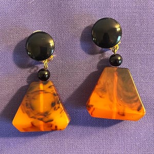 Vintage 1980's Mod Geometric Resin-Clip-On Earrings -- Tortoise Shell and Black Statement Dangles