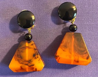 Vintage 1980's Mod Geometric Resin-Clip-On Earrings -- Tortoise Shell and Black Statement Dangles