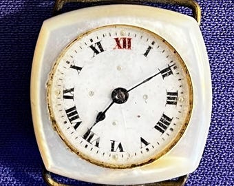 Antique WWI-Era Swiss "Red 12" Trench Watch in Carved Mother-of-Pearl Case