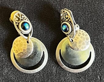 Vintage Modernist Mixed Metal Clip-On Earrings -- Abstract Geometric Circular Dangle in the Style of John Michael Richardson