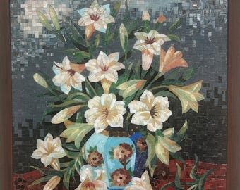 手作りのユリの花のアート – イタリアのビザッツァガラスモザイク – 花柄の花瓶の装飾