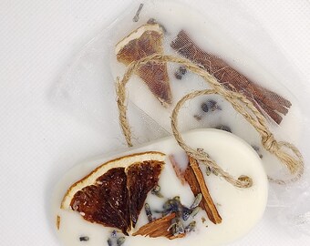 Soja und Bienenwachs Duftsäckchen / Duftsäckchen / Duftsäckchen mit natürlichen getrockneten Lavendel & Rosenknospen, Zimt & Orange