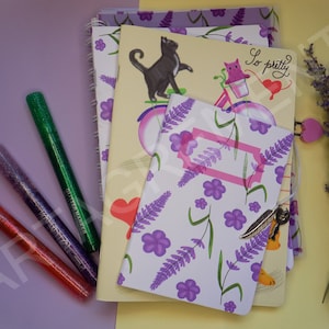 A5 / A6 blank notebook Lavender / cute cat drawing |  stickers sheets