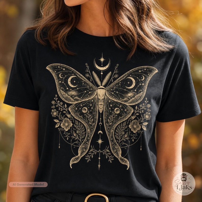A woman wears a black short-sleeved t-shirt with a gold celestial moth design on the front, against a blurred outdoor background.