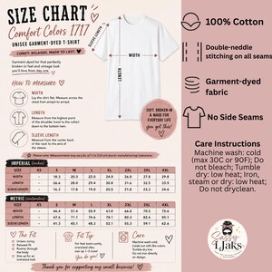 A size chart for a Comfort Colors 1717 t-shirt, showing measurements, fit, and care instructions on a white background.