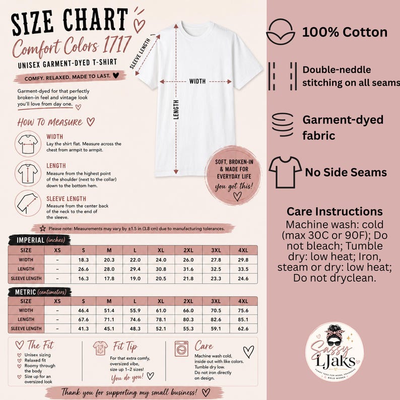 A size chart for a Comfort Colors 1717 t-shirt, showing measurements, fit, and care instructions on a white background.