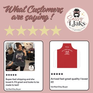 A collage of customer reviews with five gold stars, showing a woman in a sweatshirt and a red apron with text.