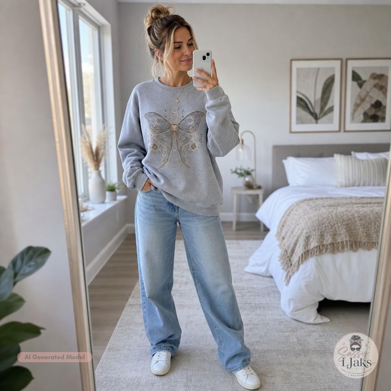 A woman in a bedroom takes a mirror selfie, wearing a light gray crewneck sweatshirt with a gold celestial moth design and light wash jeans.