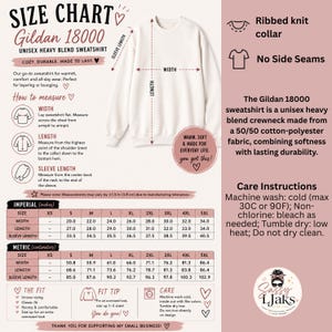 A size chart for a Gildan 18000 sweatshirt, showing measurements, fit, and care instructions on a white background.