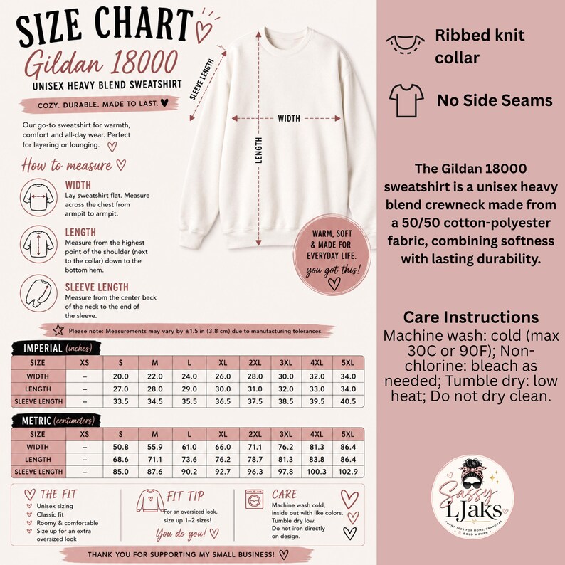 A size chart for a Gildan 18000 sweatshirt, showing measurements, fit, and care instructions on a white background.