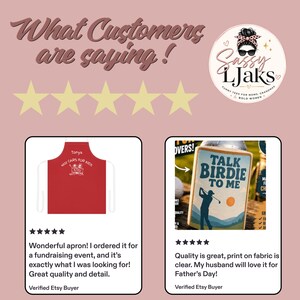 A collage of customer reviews with five gold stars, showing a red apron with text and a golf-themed t-shirt.