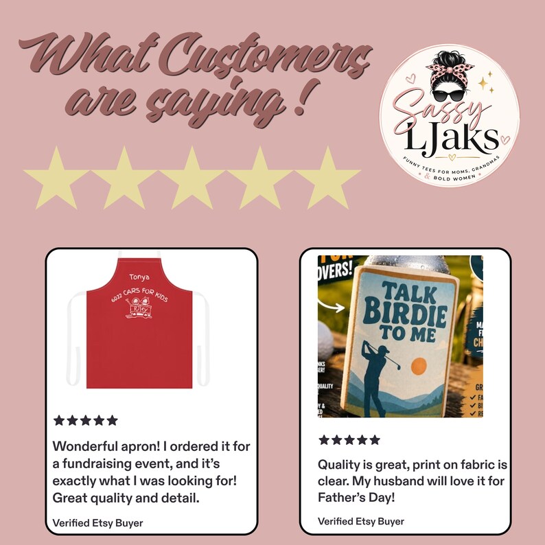 A collage of customer reviews with five gold stars, showing a red apron with text and a golf-themed t-shirt.