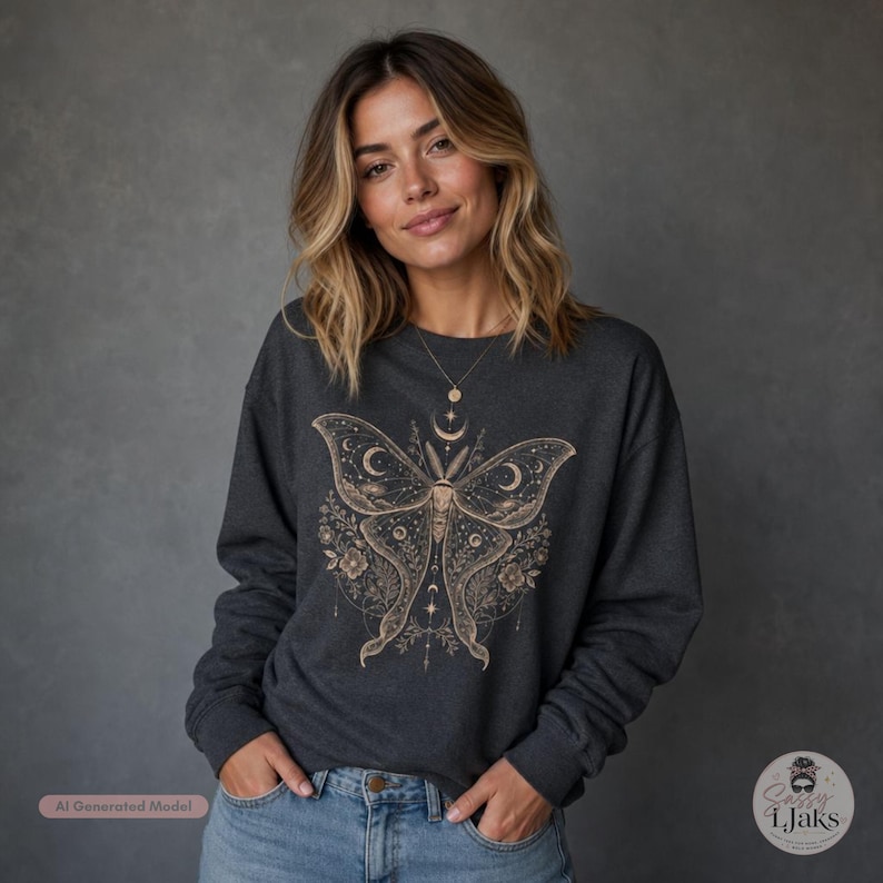 A woman with light brown hair wears a charcoal gray crewneck sweatshirt with a gold celestial moth design on the front.