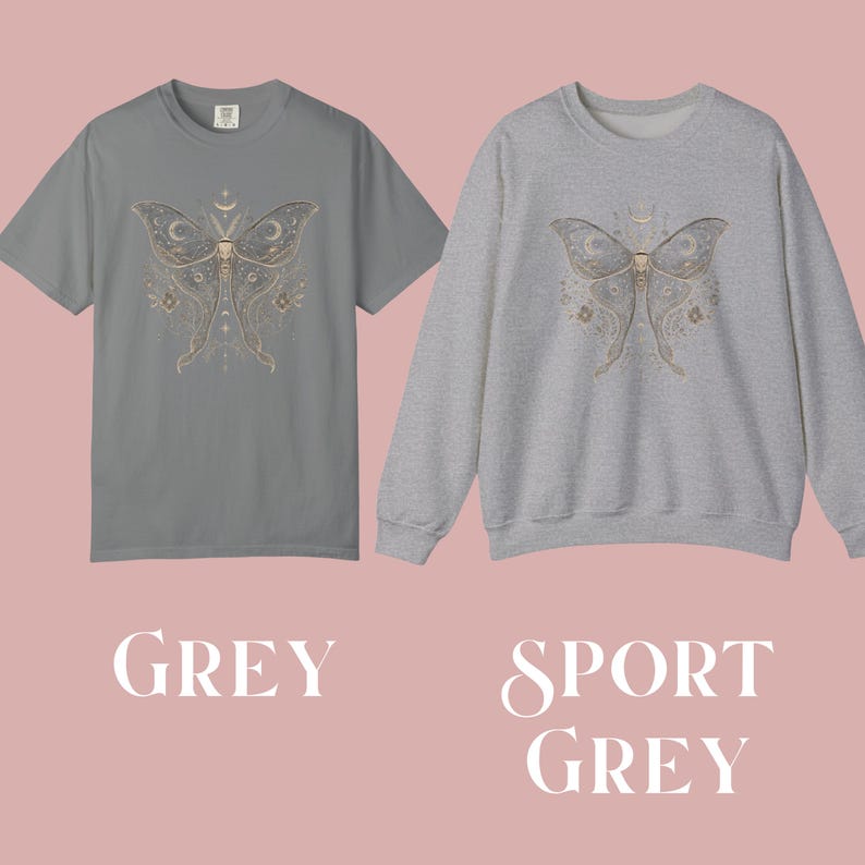 A gray short-sleeved t-shirt and a sport gray long-sleeved sweatshirt, both featuring a gold and white moth design with crescent moons and floral elements.