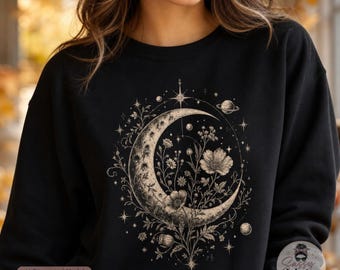 Crescent Moon Shirt | Floral Celestial Design, 15 Sizes, 24 Colors