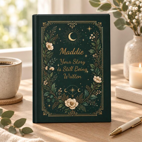 Moonlit Floral Hardcover Journal, Personalized Matte Notebook with Gold Accents, Lined Pages, Boho Gift, Witchy Style