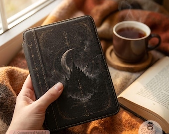 Crescent Moon Kindle Case | Fits Paperwhite & Signature Edition 7 | Black Celestial Vegan Leather Cover