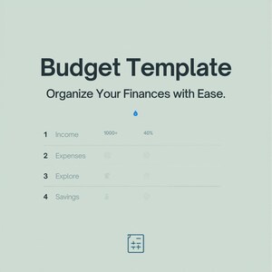 Puede incluir: Un gráfico verde claro con las palabras "Budget Template" en azul oscuro. Debajo, dice "Organiza tus finanzas con facilidad". La imagen incluye secciones para ingresos, gastos, exploración y ahorros, con un icono de calculadora en la parte inferior.