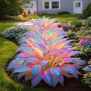May include: A vibrant, rainbow-colored plant with long, pointed leaves. The plant's colors transition from pink and purple to yellow and blue. It is surrounded by green grass and other plants in a garden setting.