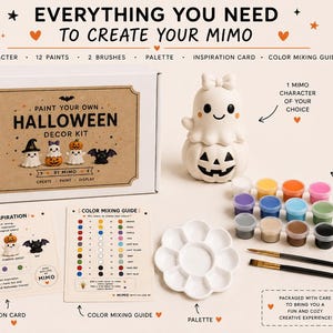May include: A paint your own Halloween decor kit by Mimo including a white ghost figurine, 12 paint pots, 2 brushes, a flower-shaped palette, an inspiration card, and a colour mixing guide. The kit comes in a white box with a brown label.