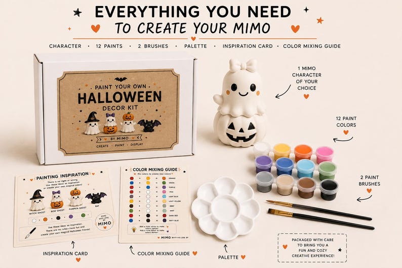 May include: A paint your own Halloween decor kit by Mimo including a white ghost figurine, 12 paint pots, 2 brushes, a flower-shaped palette, an inspiration card, and a colour mixing guide. The kit comes in a white box with a brown label.
