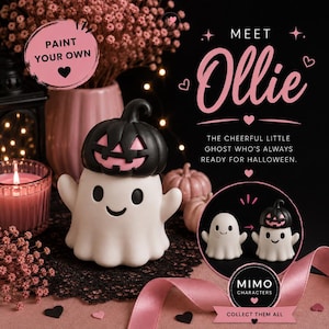 May include: A white ghost figurine with a black pumpkin hat featuring pink accents. The text reads: PAINT YOUR OWN, MEET Ollie, THE CHEERFUL LITTLE GHOST WHO'S ALWAYS READY FOR HALLOWEEN, MIMO CHARACTERS, COLLECT THEM ALL. A small inset shows the ghost without the hat.