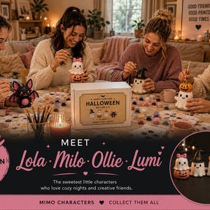 May include: A Paint Your Own Halloween Decor Kit box featuring four ceramic figures: Lola, Milo, Ollie, and Lumi. The kit includes small paint pots and brushes for decorating ghost and bat characters, with the text Paint Your Own Halloween Decor Kit.
