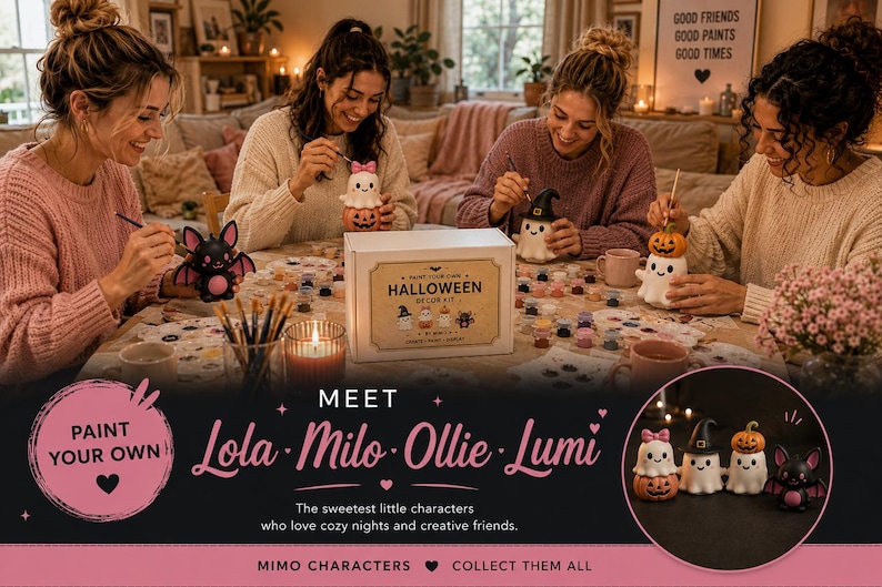 May include: A Paint Your Own Halloween Decor Kit box featuring four ceramic figures: Lola, Milo, Ollie, and Lumi. The kit includes small paint pots and brushes for decorating ghost and bat characters, with the text Paint Your Own Halloween Decor Kit.