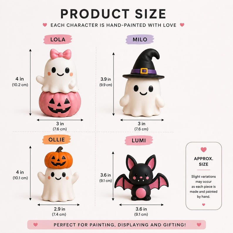 May include: Four hand-painted figurines labelled Lola, Milo, Ollie, and Lumi. Lola is a white ghost on a pink pumpkin, 10.2 cm tall. Milo is a ghost in a witch hat, 9.9 cm tall. Ollie is a ghost with an orange pumpkin, 10.1 cm tall. Lumi is a black bat, 9.1 cm tall.