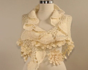 Bridal Shawl Ivory, Wedding Shawl, Cover Up, Bridal Wrap, Crochet Shawl Flower, Triangle Lace Shawl, Bridal Shrug Bolero, Gift for Her