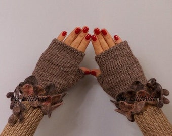 Knit Fingerless Gloves, Crochet Gloves, Fingerless Crochet Gloves, Winter Wool Gloves, Wrist Warmers, Brown Fingerless Mitts, Gift for Her