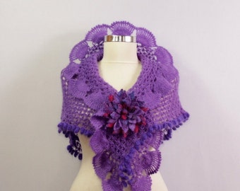 Wedding Shawl Wrap, Crochet Shawl Purple, Mini Shawl Lace, Shawl Scarf Violet, Bride Cover Up, Bridal Shawl, Triangle Scarf, Gift for Her