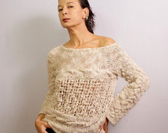 Hand Knit Sweater Boho, Cable Knit Sweater for Women, Slouchy / Loose Pullover Cream, Linen & Wool, Autumn Fall Winter Knit Wear