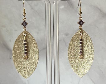 Gold Leaf Dangle Earrings - Textured Boho Drop with Mauve Beads