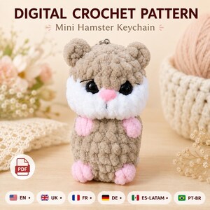 May include: A digital crochet pattern for a mini hamster keychain. The hamster is made of plush, textured yarn in light brown and white, featuring large black plastic eyes, a small pink nose, and tiny pink paws at the base and midsection.