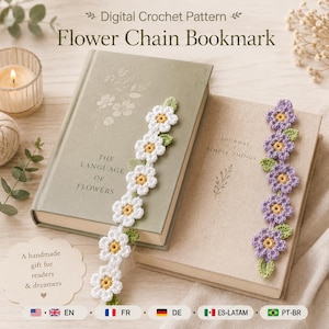 May include: A digital crochet pattern for a flower chain bookmark. The image displays two bookmarks: one with white flowers and yellow centers, and one with purple flowers and yellow centers, both featuring small green leaves, resting on books.