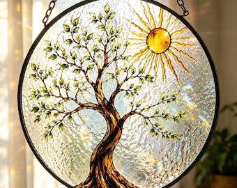 Personalized Tree of Life Suncatcher – Custom Family Name Stained Glass Sun Catcher Window Hanging Gift, Memorial Nature Decor