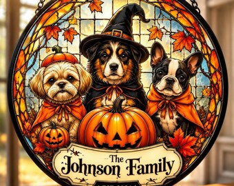 Custom Glass Halloween Family Pet Suncatcher | Personalized Dog Portrait Window Hanging Decor, Round 20cm / 25cm Name & Date Gift