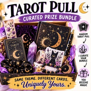 May include: A curated prize bundle in a box containing a black tarot deck, a journal with gold moon and star motifs, a purple crystal point, a black velvet pouch, a cat-themed card, a black scrunchie, a beaded bracelet, a pen, and washi tape.