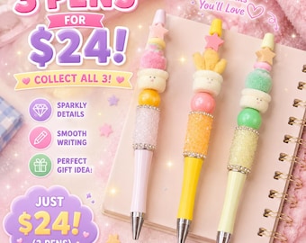 Bolígrafos con cuentas suaves – Papelería Kawaii en tonos pastel, detalles brillantes, escritura fluida (3 bolígrafos)