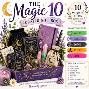 May include: A purple gift box titled The Magic 10 Curated Gift Box containing a tarot deck, a journal, a black pen, a pendulum, crystal towers, a small pouch, and a candle. The box displays text options for nature, celestial, gothic, witchy, and cute themes.