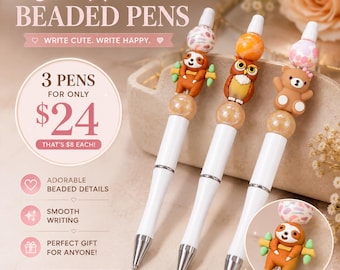Bolígrafos con cuentas de animales adorables – Bolígrafos de perezoso, búho y oso – Set de bolígrafos kawaii – Regalo de papelería adorable