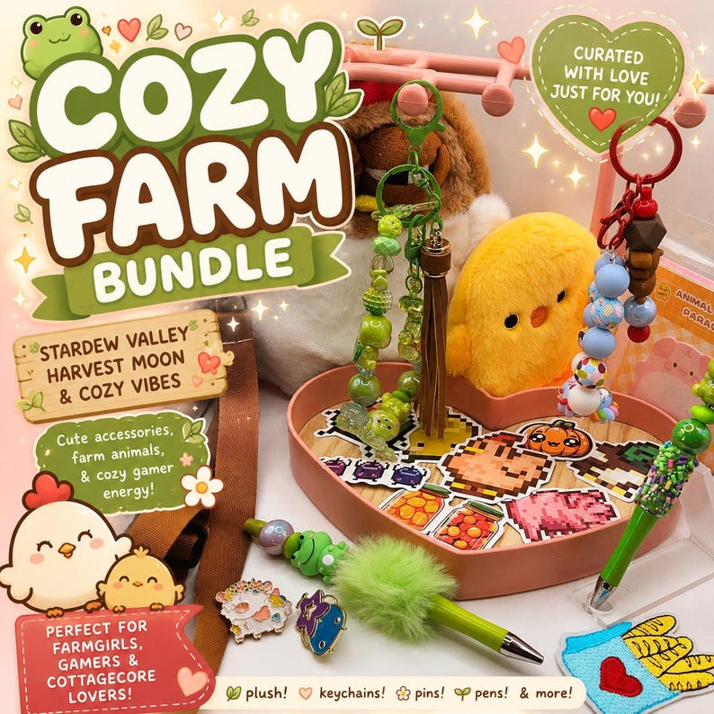 Puede incluir: Una colecci&oacute;n de accesorios con tem&aacute;tica de granja, que incluye peluches, llaveros, pines y bol&iacute;grafos. La imagen presenta una bandeja en forma de coraz&oacute;n con dise&ntilde;os pixelados de alimentos y animales, un peluche de pollito amarillo y un bol&iacute;grafo verde con un pomp&oacute;n esponjoso. Texto: "Cozy Farm Bundle."