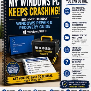 以下が含まれることがあります： My Windows PC Keeps Crashing! Beginner-Friendly Windows Repair & Recovery Guide for Windows 10 & 11というタイトルのスパイラル綴じの取扱説明書。表紙には、ブルースクリーンエラーが表示されたノートパソコン、黒い工具箱、ドライバーが描かれています。