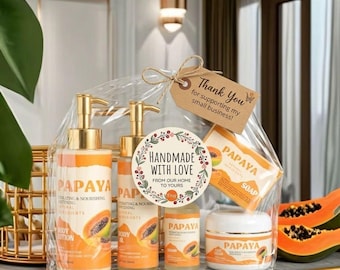 Set de regalo de lujo para el cuidado de la piel Papaya Glow / Cesta de spa para el cuidado corporal Papaya / Caja de regalo con loción, jabón, crema y sérum
