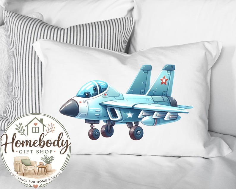 Fighter Jet Cartoon Pillowcase Cover, Personalized, Military Airplane Bedding Decor, Military Aircraft, Military Plane Themed Bedroom Bild 2